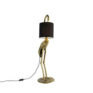 Qazqa - Vintage Stehlampe Messing Stoffschirm schwarz - Kranichvogel - Gold/Messing