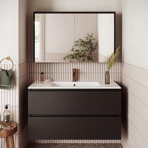 Fontana Rovigo badmeubel 100cm zwart mat met witte wastafel met kraangat en spiegelkast zonder verlichting