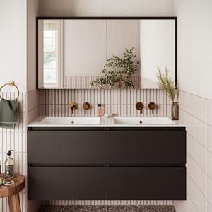 Fontana Rovigo badmeubel 120cm zwart mat met witte wastafel zonder kraangaten en spiegelkast zonder verlichting