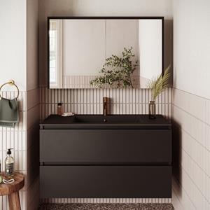 Fontana Rovigo badmeubel 100cm zwart mat met zwarte wastafel met kraangat en spiegelkast zonder verlichting