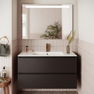 Fontana Rovigo badmeubel 100cm zwart mat met witte wastafel met kraangat en spiegel met verlichting