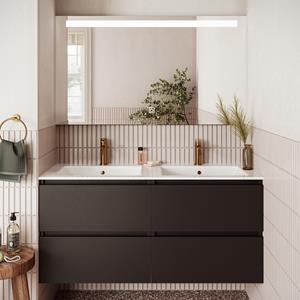 Fontana Rovigo badmeubel 120cm zwart mat met witte wastafel met kraangaten en spiegel met verlichting