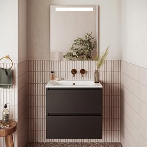 Fontana Rovigo badmeubel 60cm zwart mat met witte wastafel zonder kraangat en spiegel met verlichting
