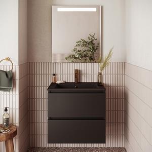 Fontana Rovigo badmeubel 60cm zwart mat met zwarte wastafel met kraangat en spiegel met verlichting