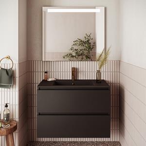 Fontana Rovigo badmeubel 80cm zwart mat met zwarte wastafel met kraangat en spiegel met verlichting