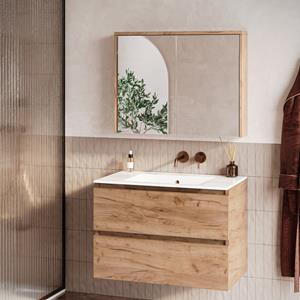 Fontana Rovigo badmeubel 80cm warm eiken met witte wastafel zonder kraangat en spiegelkast zonder verlichting