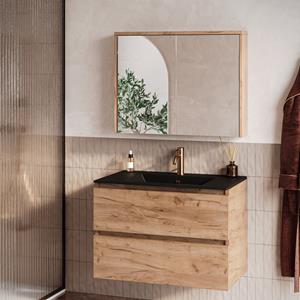 Fontana Rovigo badmeubel 80cm warm eiken met zwarte wastafel met kraangat en spiegelkast zonder verlichting
