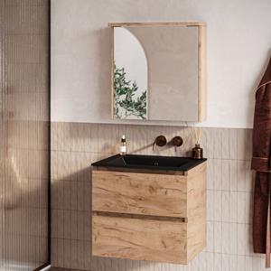 Fontana Rovigo badmeubel 60cm warm eiken met zwarte wastafel zonder kraangat en spiegelkast met verlichting