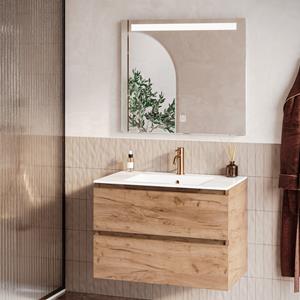 Fontana Rovigo badmeubel 80cm warm eiken met witte wastafel met kraangat en spiegel met verlichting