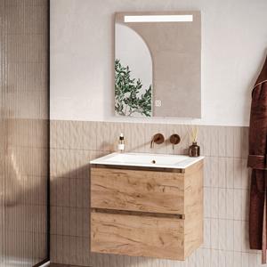 Fontana Rovigo badmeubel 60cm warm eiken met witte wastafel zonder kraangat en spiegel met verlichting