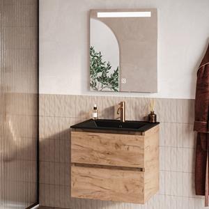 Fontana Rovigo badmeubel 60cm warm eiken met zwarte wastafel met kraangat en spiegel met verlichting