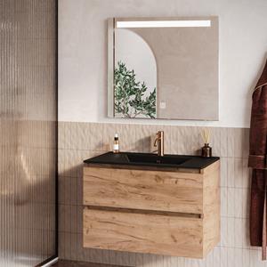 Fontana Rovigo badmeubel 80cm warm eiken met zwarte wastafel met kraangat en spiegel met verlichting