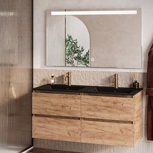 Fontana Rovigo badmeubel 120cm warm eiken met zwarte wastafel met kraangaten en spiegel met verlichting