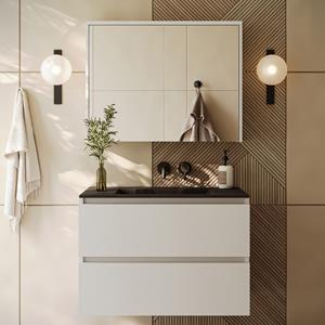 Fontana Rovigo badmeubel 80cm wit mat met zwarte wastafel zonder kraangat en spiegelkast zonder verlichting