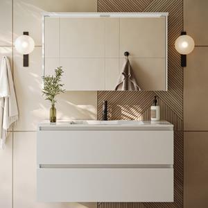 Fontana Rovigo badmeubel 100cm wit mat met witte wastafel met kraangat en spiegelkast met verlichting