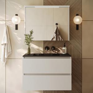 Fontana Rovigo badmeubel 80cm wit mat met zwarte wastafel zonder kraangat en spiegelkast met verlichting