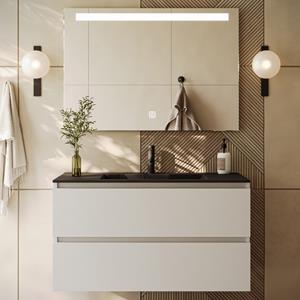 Fontana Rovigo badmeubel 100cm wit mat met zwarte wastafel met kraangat en spiegel met verlichting