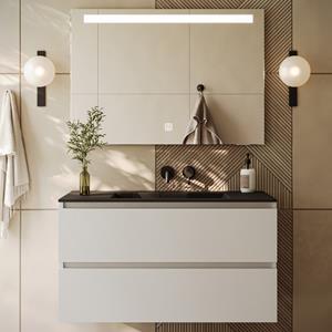 Fontana Rovigo badmeubel 100cm wit mat met zwarte wastafel zonder kraangat en spiegel met verlichting