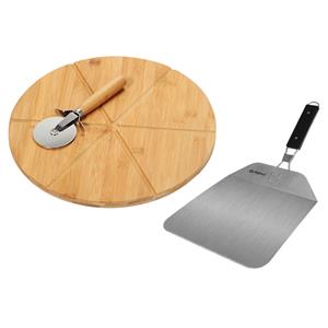 Merkloos Bamboe houten pizza serveerplank met pizzasnijder en pizzaschep 32 cm -