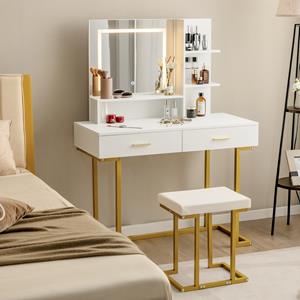 Costway Kaptafel Set met Grote Spiegel Make-Up Tafel met Beklede Kruk en Verlichte LED-Verlichting 2 Lades Opbergplanken Stalen Poten Wit