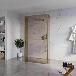 Fortifura Galeria Vrijstaande Inloopdouche - 110x200cm - Rookglas - antikalk - 8mm veiligheidsglas - 2 zijwanden 40cm - wandsteunen en hoekprofielen - Geborsteld Messing PVD (Goud) SW927770 2x/SW91525