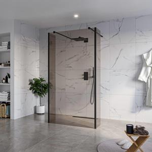Fortifura Galeria Vrijstaande Inloopdouche - 110x200cm - Rookglas - antikalk - 8mm veiligheidsglas - 2 zijwanden 40cm - wandsteunen en hoekprofielen - Zwart mat SW927767 2x/SW915252/SW797934 2x/SW3580
