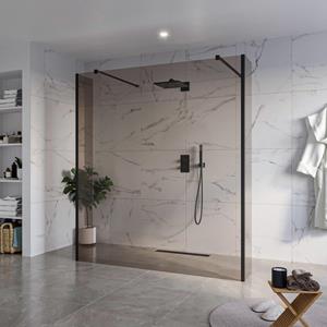 Fortifura Galeria Vrijstaande Inloopdouche - 180x200cm - Rookglas - antikalk - 8mm veiligheidsglas - 2 zijwanden 40cm - wandsteunen en hoekprofielen - Zwart mat SW927767 2x/SW797943/SW797934 2x/SW3580