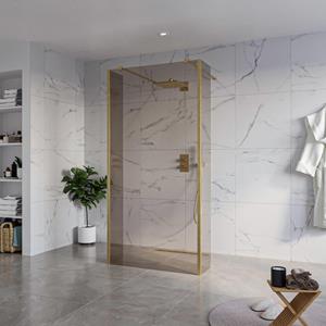Fortifura Galeria Vrijstaande Inloopdouche - 100x200cm - Rookglas - antikalk - 8mm veiligheidsglas - 2 zijwanden 40cm - wandsteunen en hoekprofielen - Geborsteld Messing PVD (Goud) SW927770 2x/SW79794