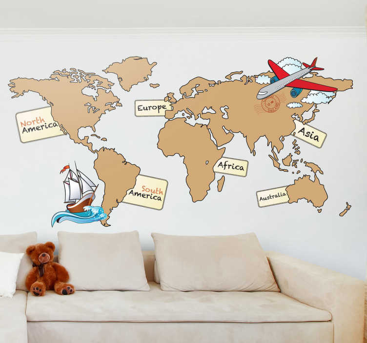 Tenstickers Sticker wereldkaart continenten engels