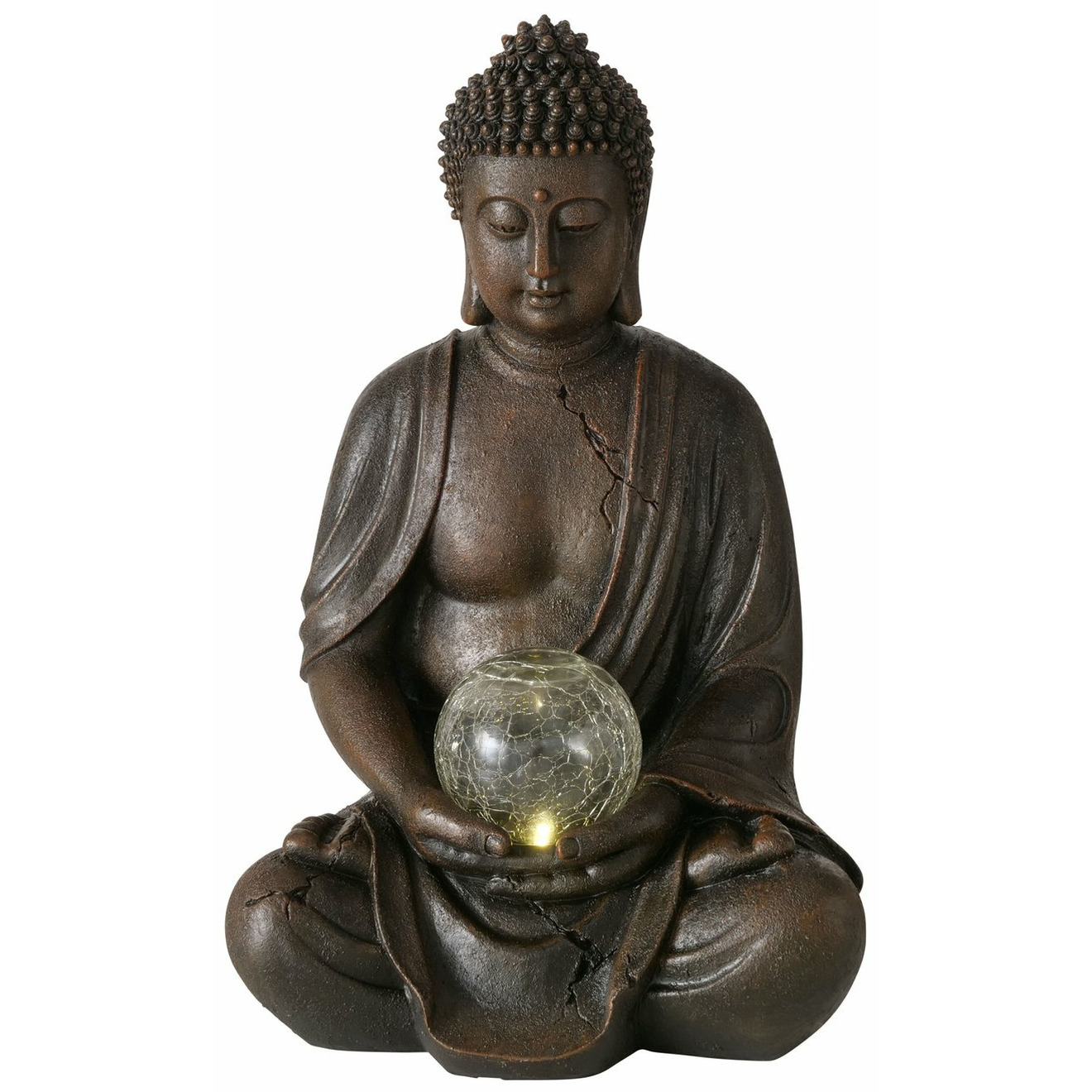Deco by Boltze Boeddha beeld met lichtje in bol - kunststeen - antiek bruin - 24 x 20 x cm -
