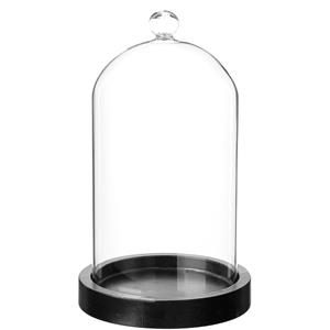Home decoratie glazen stolp op houten plateau - glas/zwart - D12 x H19 cm -