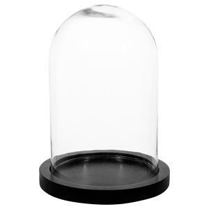 Atmosphera Home decoratie glazen stolp - cloche - op houten plateau - glas / zwart - D18 x H26 cm -