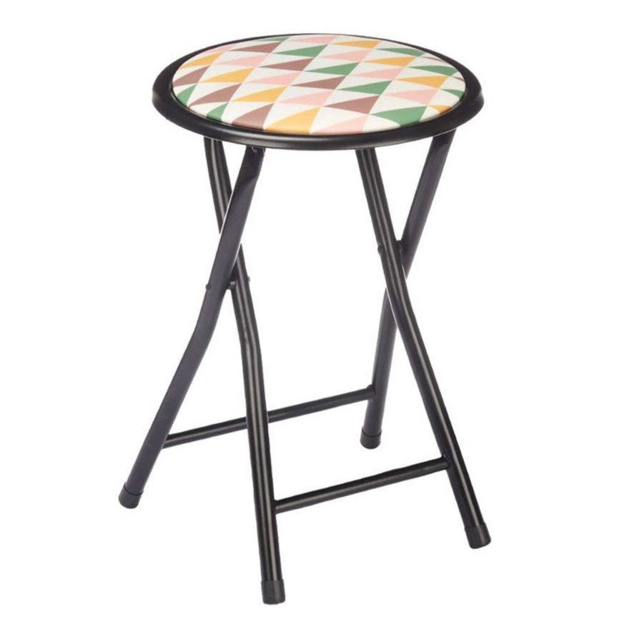 Giftdecor Bijzet krukje/stoel - Opvouwbaar - zwart/deco patroon - D30 x H45 cm -
