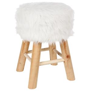 Atmosphera Bijzet krukje/zit krukje Oslo - houten onderstel/fluffy stof - grijs - D30 x H42 cm -