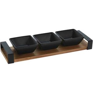 Excellent Houseware Serveerplank acacia hout met 3 hapjes/saus/tapas schaaltjes 32 x 10 cm -