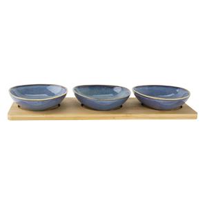 Cosy & Trendy Serveerplank/borrelplank hapjes/saus/tapas - keramiek - blauw - incl. 3x schaaltjes -