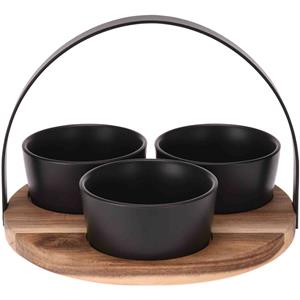 Excellent Houseware Ronde serveerplank met 3 schaaltjes - acaciahout - aardewerk - 22 cm -