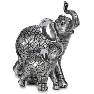 Giftdecor Olifant met jong dierenbeeldje/woondecoratie zilver 21 x 11 cm -