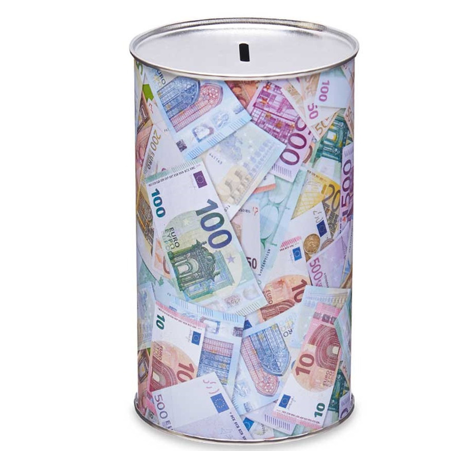 Merkloos Spaarpot blik met heel veel euro biljetten - gekleurd - 10 x 17 cm - Kinderen/volwassenen -