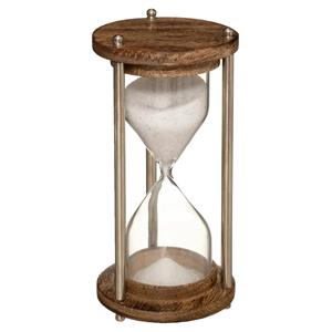 Zandloper cilinder - decoratie of tijdsmeting - 5 minuten wit zand - H16 cm - glas/hout -