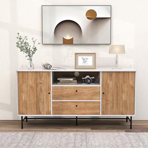 Costway Dressoir Hout Buffetkast met Schuifdeuren en 2 Laden Buffet met Metalen Poten en Kantelbeveiliging Moderne TV-Kast 150 x 45 x 74 cm