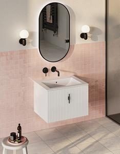 Muebles Raya badmeubel ribbelfront 60cm wit mat met witte wastafel zonder kraangat