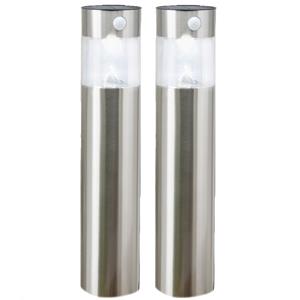 Merkloos Set van 2x stuks solar tuinlampen/prikspots pilaar op zonne-energie met bewegingssensor 50 cm Rvs -