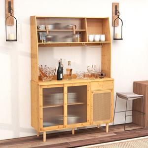 costway Keukenbuffet met Schuifdeur & Rotan Deur & Haak & Glashouder & Lade Buffetkast Keukenkast Bamboe Landelijke Stijl Natuur