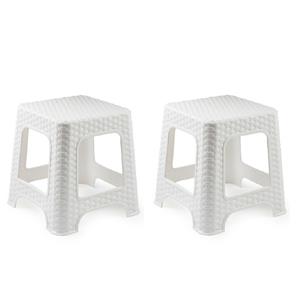 PlasticForte zit/bijzet krukje - 2x - Rotan line - wit - kunststof - 32 x 32 x 30 cm - kinder krukje -