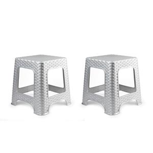 PlasticForte zit/bijzet krukje - 2x - Rotan line - zilvergrijs - kunststof - 32 x 32 x 30 cm - kinde -