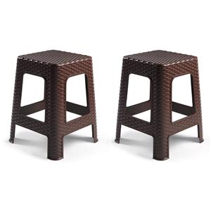 PlasticForte zit/bijzet krukje - 2x - Rotan line - donkerbruin - kunststof - 28 x 28 x 45 cm -