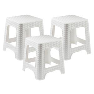 PlasticForte zit/bijzet krukje - 3x - Rotan line - wit - kunststof - 32 x 32 x 30 cm - kinder krukje -