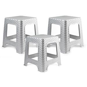PlasticForte zit/bijzet krukje - 3x - Rotan line - zilvergrijs - kunststof - 32 x 32 x 30 cm - kinde -