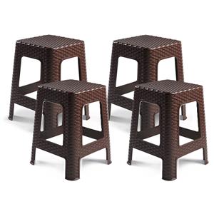 PlasticForte zit/bijzet krukje - 4x - Rotan line - donkerbruin - kunststof - 28 x 28 x 45 cm -